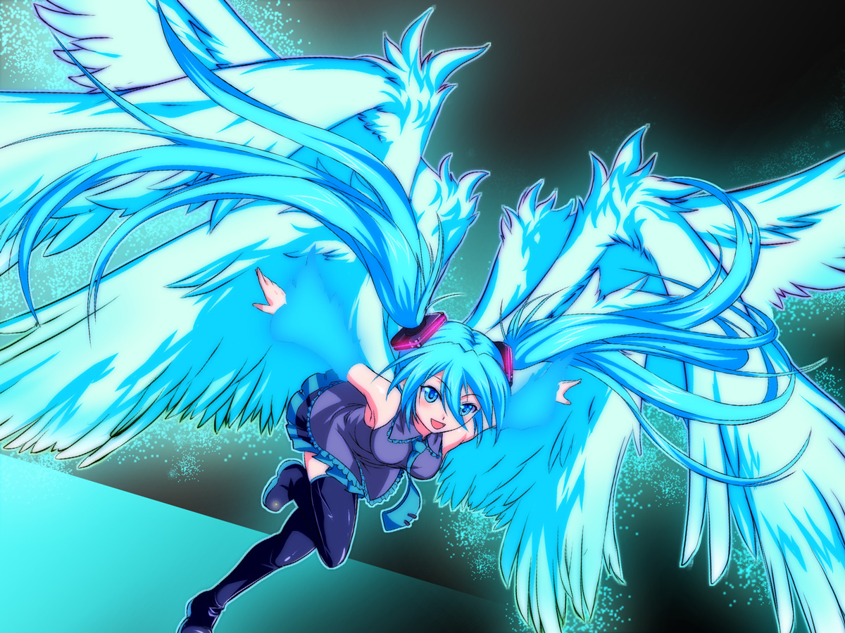 Konachan.com - 155371 blue_eyes blue_hair hatsune_miku kurokemono long_hair thighhighs twintails vocaloid wings